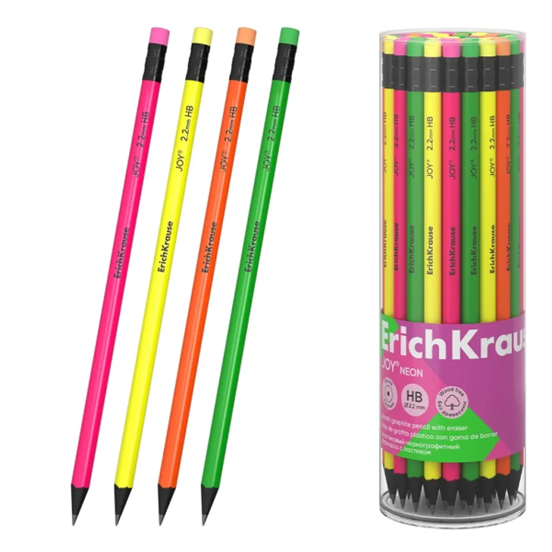 ErichKrause JOY Neon Lapiz de Grafito con Goma de Borrar - Mina HB - Cuerpo Redondo - Plastico - Agarre Ergonomico - Colores Surtidos 1