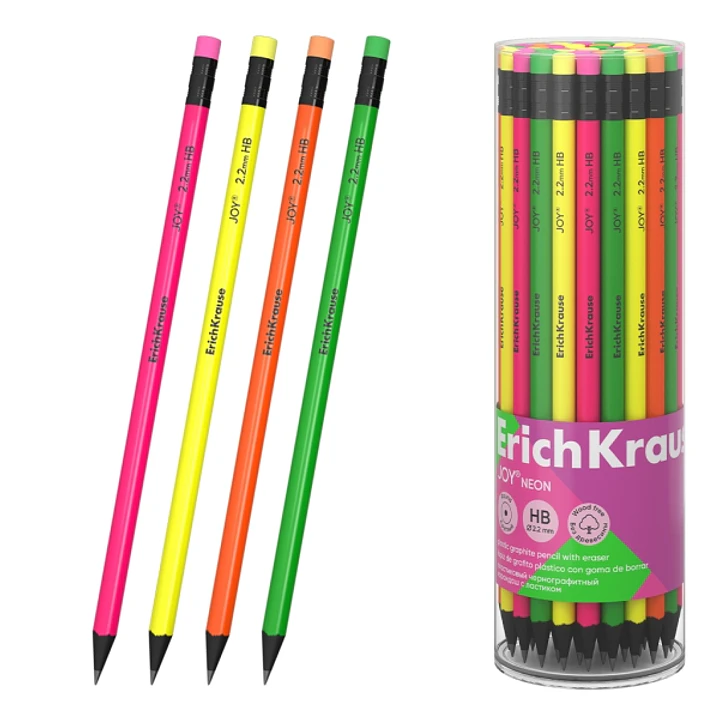 ErichKrause JOY Neon Lapiz de Grafito con Goma de Borrar - Mina HB - Cuerpo Redondo - Plastico - Agarre Ergonomico - Colores Surtidos 1