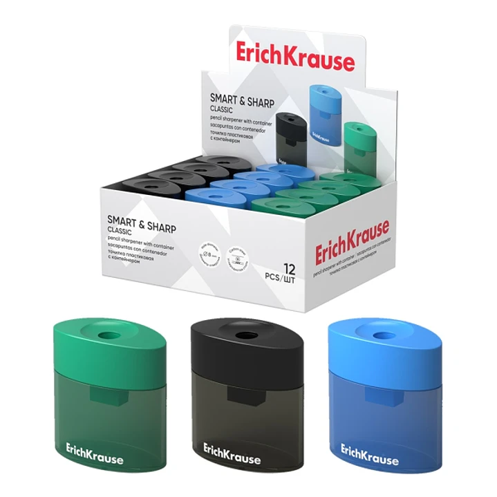 ErichKrause SMART and SHARP Expositor con 16 Sacapuntas con Contenedor - Plastico - Cuchilla Niquelada de Acero al Carbono - Orificio de 8mm - Colores 1