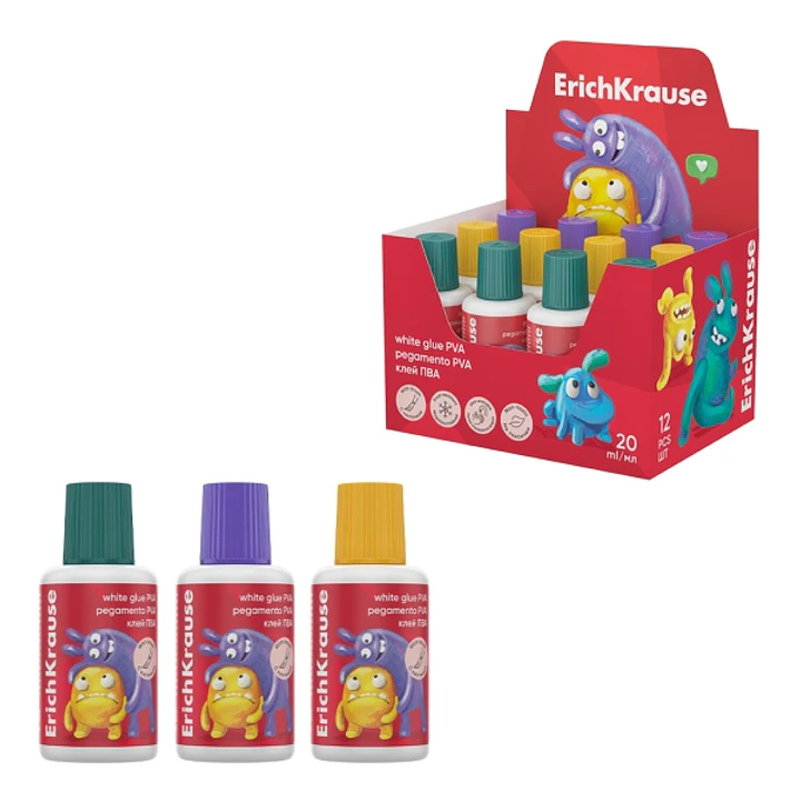 ErichKrause Jolly Friends Expositor con 12 Botellas de Cola Blanca PVA - Pincel Integrado - 20ml - No Toxico - Facil de Lavar - Secado Rapido - Multis 1