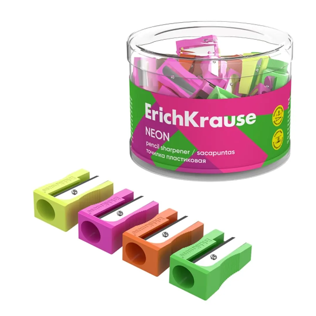 ErichKrause EasySharp Neon Sacapuntas de Plastico - Cuchilla Niquelada de Acero al Carbono - Orificio de 8mm - Colores Surtidos 1