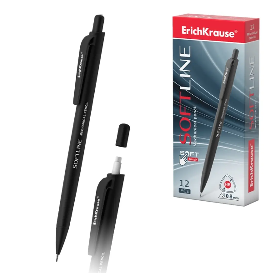 ErichKrause SoftLine Portaminas - Mina HB de 0.9mm - Goma de Borrar Integrada - Cuerpo Triangular con Recubrimiento Suave - Ergonomico - Color Negro 1