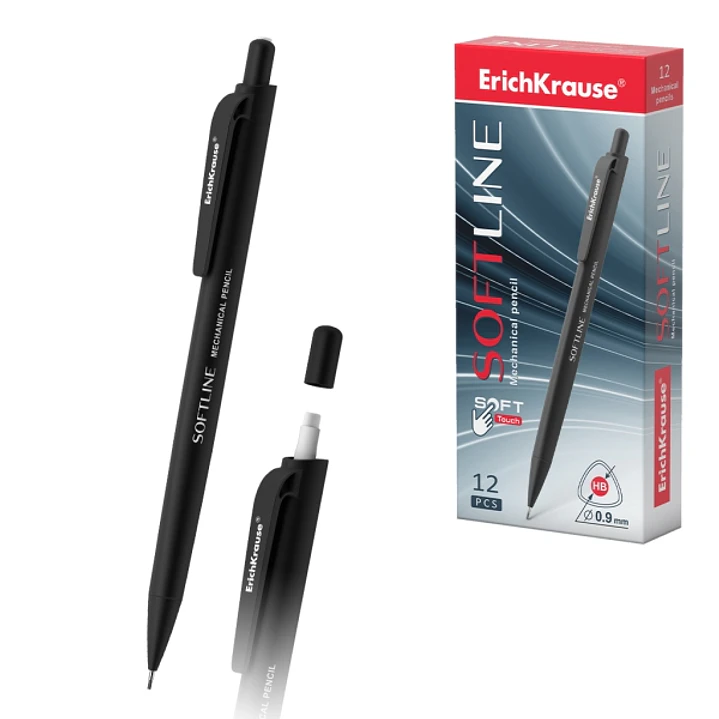 ErichKrause SoftLine Portaminas - Mina HB de 0.9mm - Goma de Borrar Integrada - Cuerpo Triangular con Recubrimiento Suave - Ergonomico - Color Negro 1