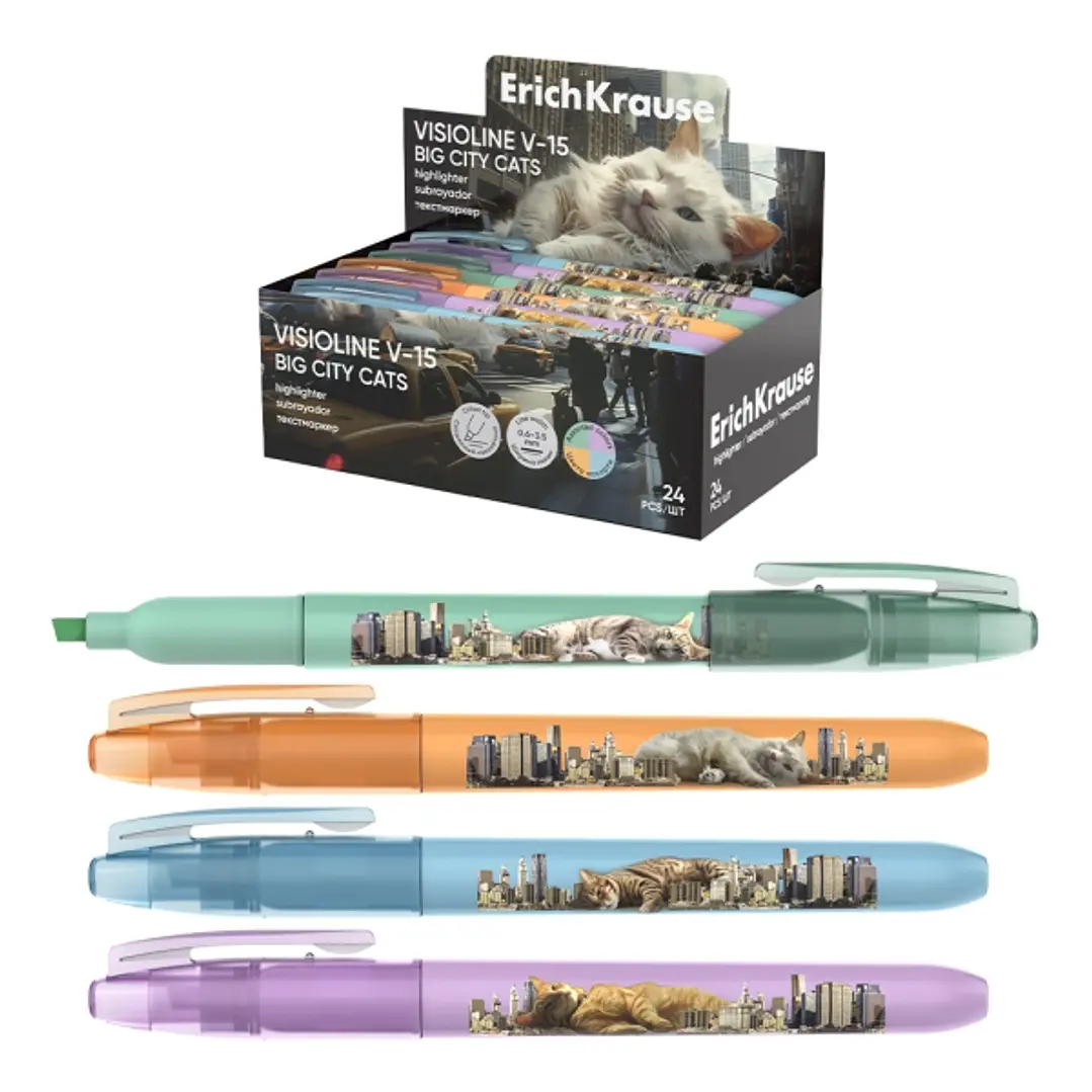 ErichKrause Visioline V-15 Big City Cats Expositor de 12 Marcadores Fluorescentes - Punta Biselada - Trazo de 0.6 a 3.5mm - Colores Surtidos 1