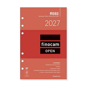 Finocam R593 Recambio para Agenda Open - Anual 2027 - Semana Vista Horizontal - Formato 500 - 117x181mm - 6 Taladros - Papel de 80g/m2 - Color Blanco