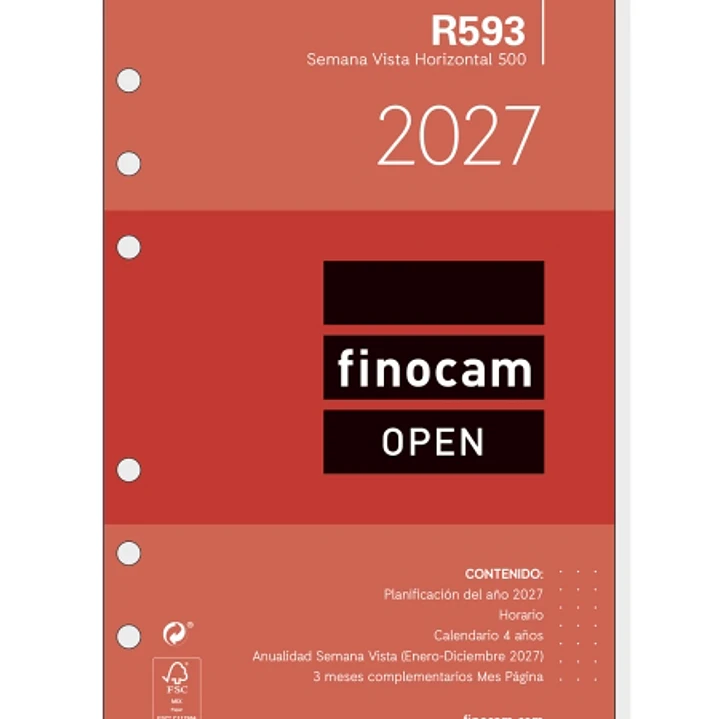 Finocam R593 Recambio para Agenda Open - Anual 2027 - Semana Vista Horizontal - Formato 500 - 117x181mm - 6 Taladros - Papel de 80g/m2 - Color Blanco 1