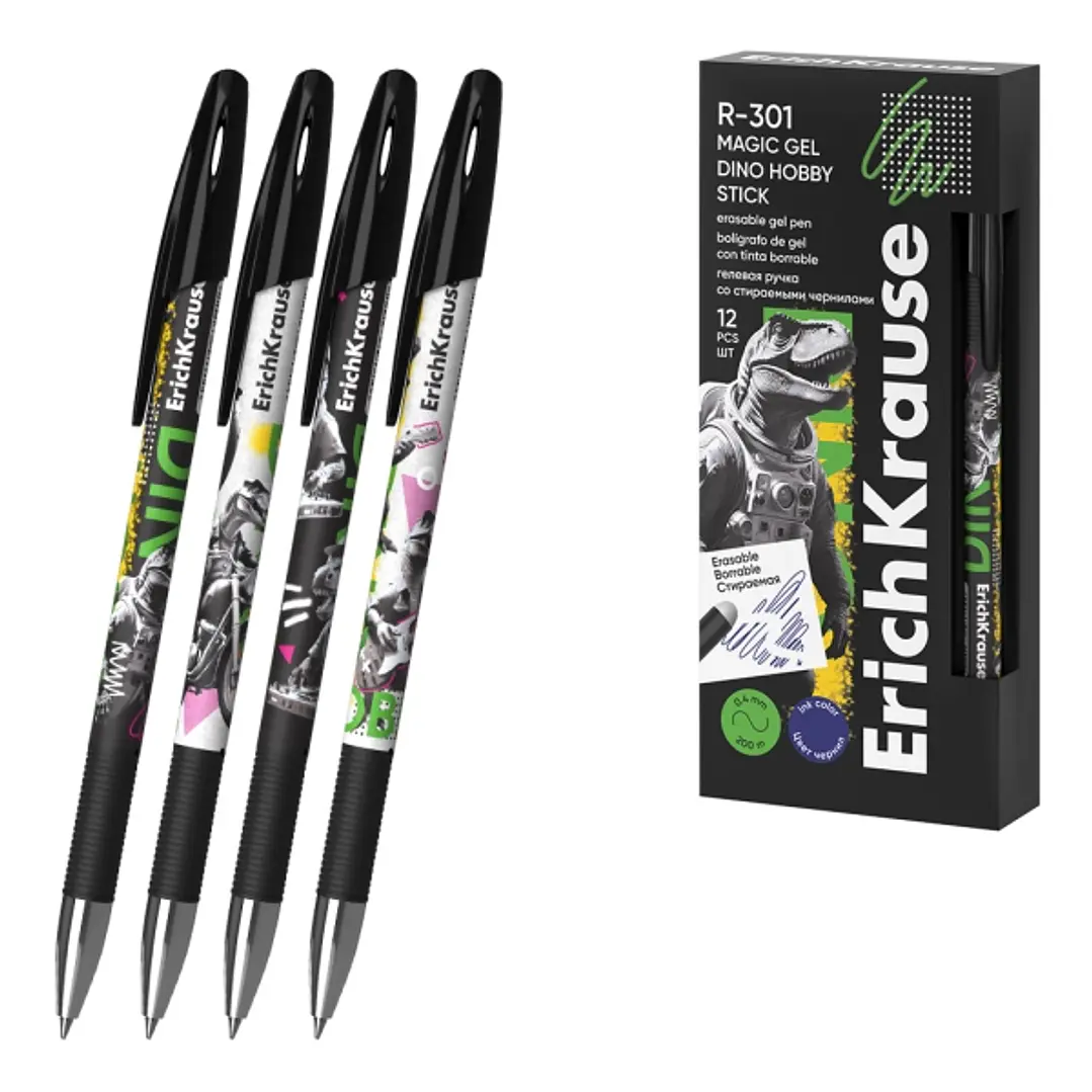ErichKrause R-301 Magic Gel Stick Dino Hobby Boligrafo Borrable - Modelos Surtidos - Trazo 0.4mm - Tinta de Gel - Resistente al Agua - Secado Rapido - 1