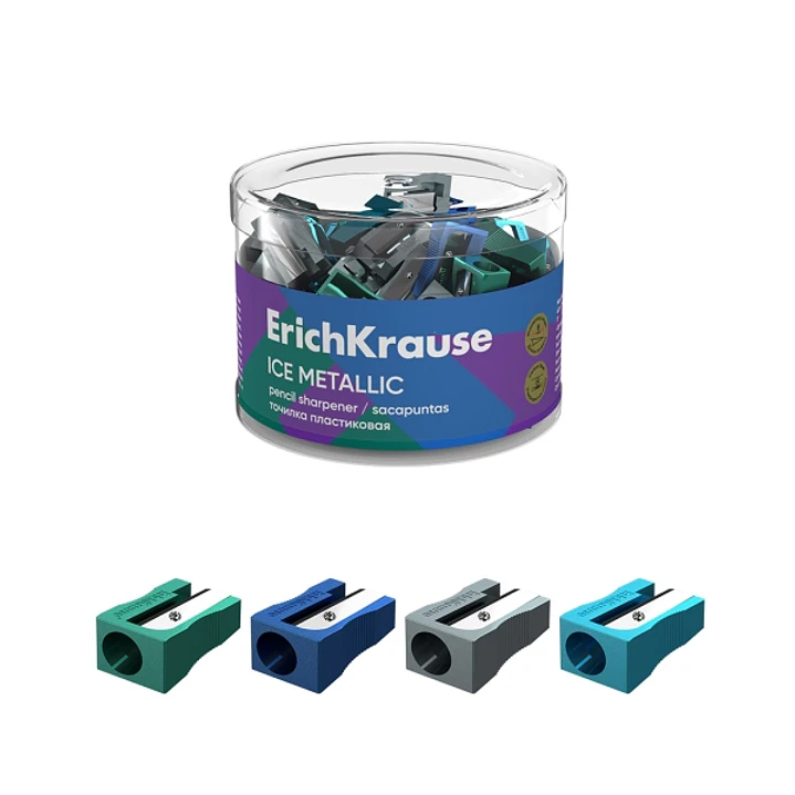ErichKrause EasySharp Ice Metallic Sacapuntas de Plastico - Cuchilla Niquelada de Acero al Carbono - Orificio de 8mm - Colores Surtidos 1