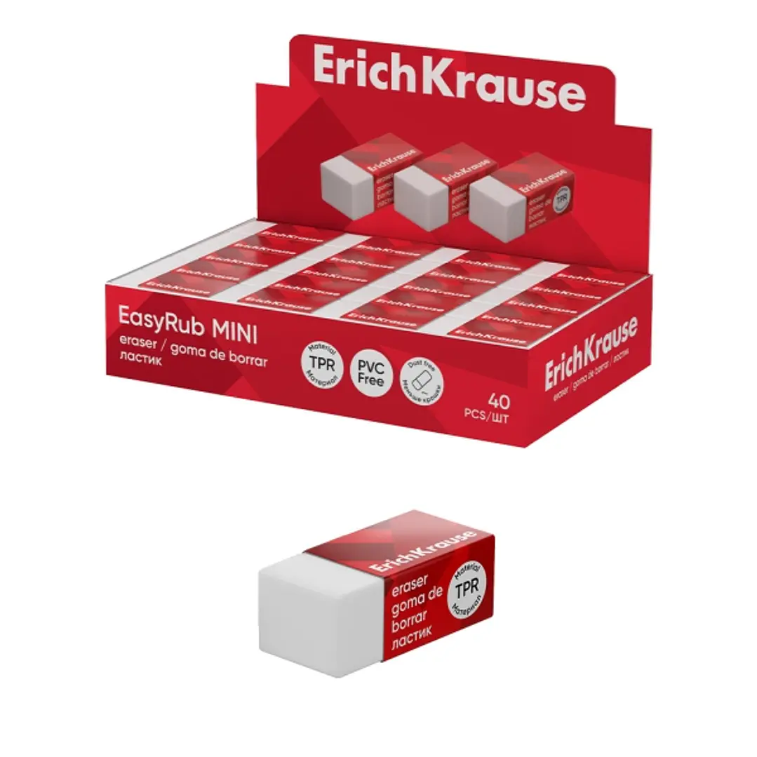 ErichKrause EasyRub Mini Expositor con 40 Gomas de Borrar - Caucho Termoplastico - No Deja Residuos - Libre de PVC - Color Blanco 1