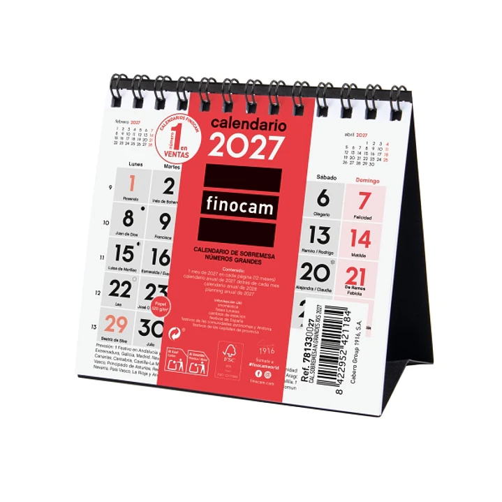 Finocam Neutro Calendario de Sobremesa - Anual 2027 - Mes Vista - Formato XXS - 110x100mm - Espiral Doble - Papel de 120g/m2 - Numeros Grandes - Color 1