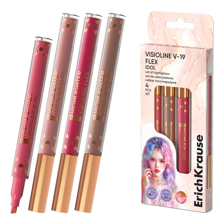 ErichKrause Visioline V-19 Flex Idol Pack de 4 Marcadores Fluorescentes - Punta Biselada - Trazo de 0.6 a 3.5mm - Colores Surtidos 1