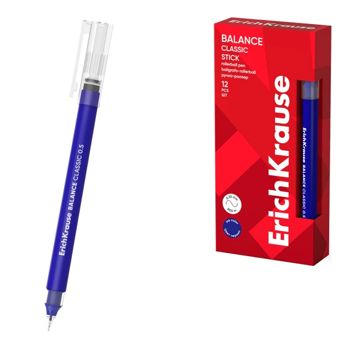 ErichKrause Balance Stick Classic Boligrafo con Capuchon - Punta de 0.5mm - Trazo 0.35mm - Tinta Libre con Regulador de Alimentacion - Color Azul 1