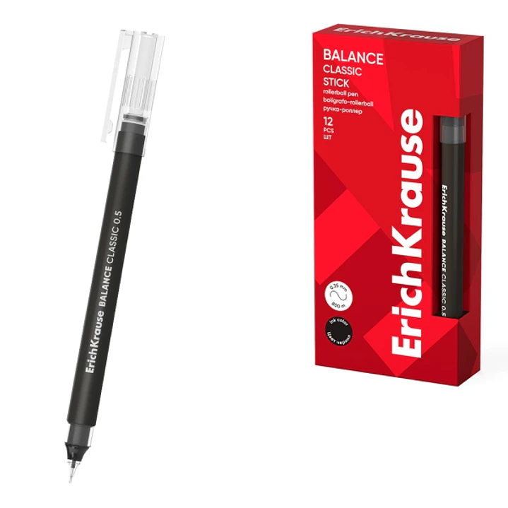 ErichKrause Balance Stick Classic Boligrafo con Capuchon - Punta de 0.5mm - Trazo 0.35mm - Tinta Libre con Regulador de Alimentacion - Color Negro 1