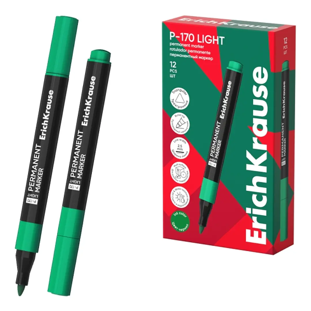 ErichKrause P-170 light Rotulador Permanente - Punta Conica - Trazo de 2.5mm - Resistente al Agua y a la Luz - Multisuperficie - Cuerpo Triangular - C 1