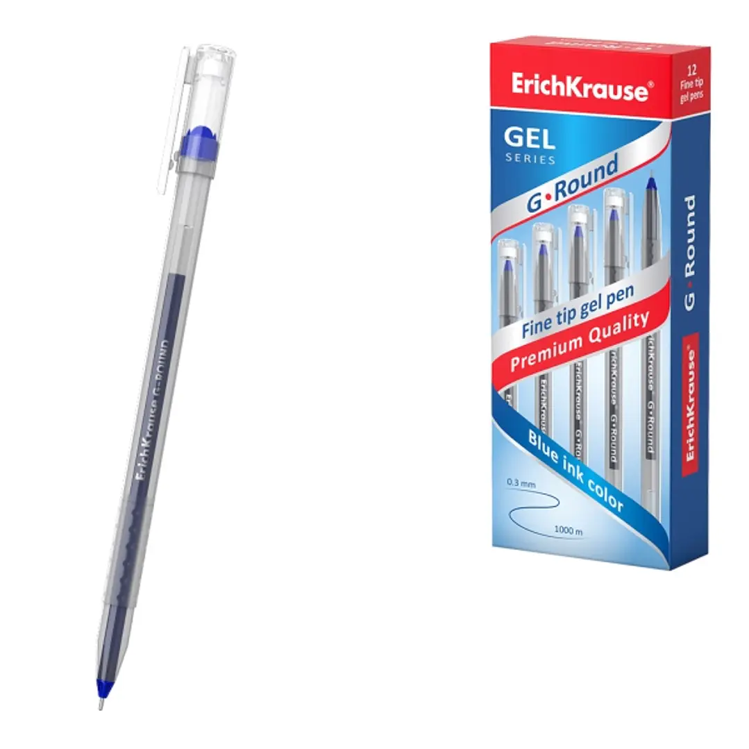ErichKrause G-Round Stick Classic Boligrafo con Capuchon - Punta de 0.5mm - Trazo 0.3mm - Tinta de Gel - Resistente al Agua - Secado Rapido - Color Az 1
