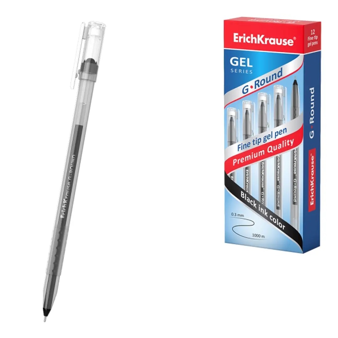 ErichKrause G-Round Stick Classic Boligrafo con Capuchon - Punta de 0.5mm - Trazo 0.3mm - Tinta de Gel - Resistente al Agua - Secado Rapido - Color Ne 1