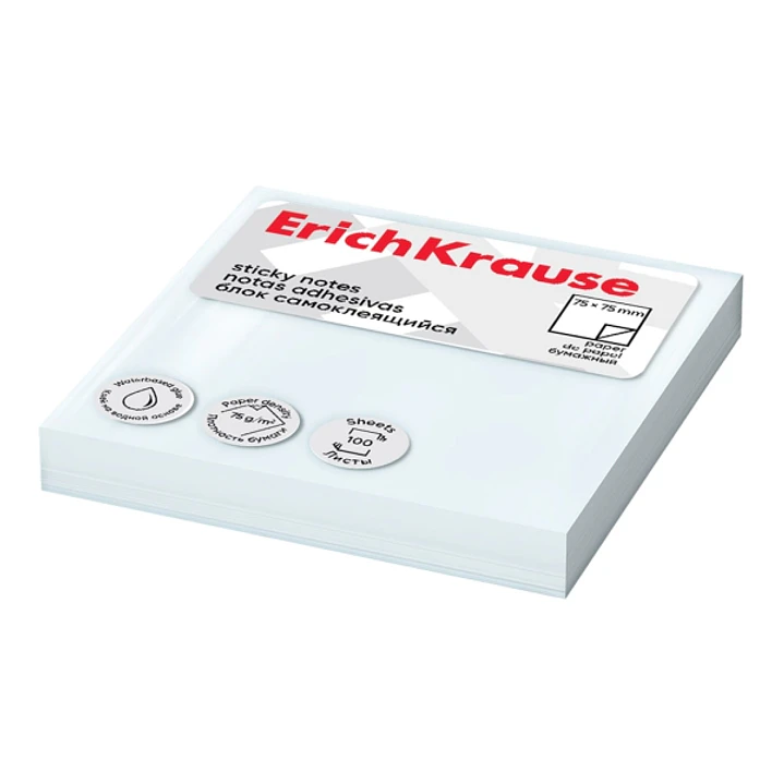 ErichKrause Bloc de 100 Notas Adhesivas Reposicionables - Papel de 75g/m2 - 75x75mm - Pegamento a Base de Agua - Color Blanco 1
