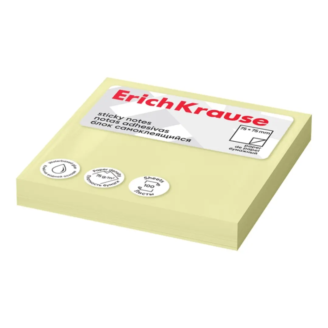 ErichKrause Bloc de 100 Notas Adhesivas Reposicionables - Papel de 75g/m2 - 75x75mm - Pegamento a Base de Agua - Color Amarillo 1