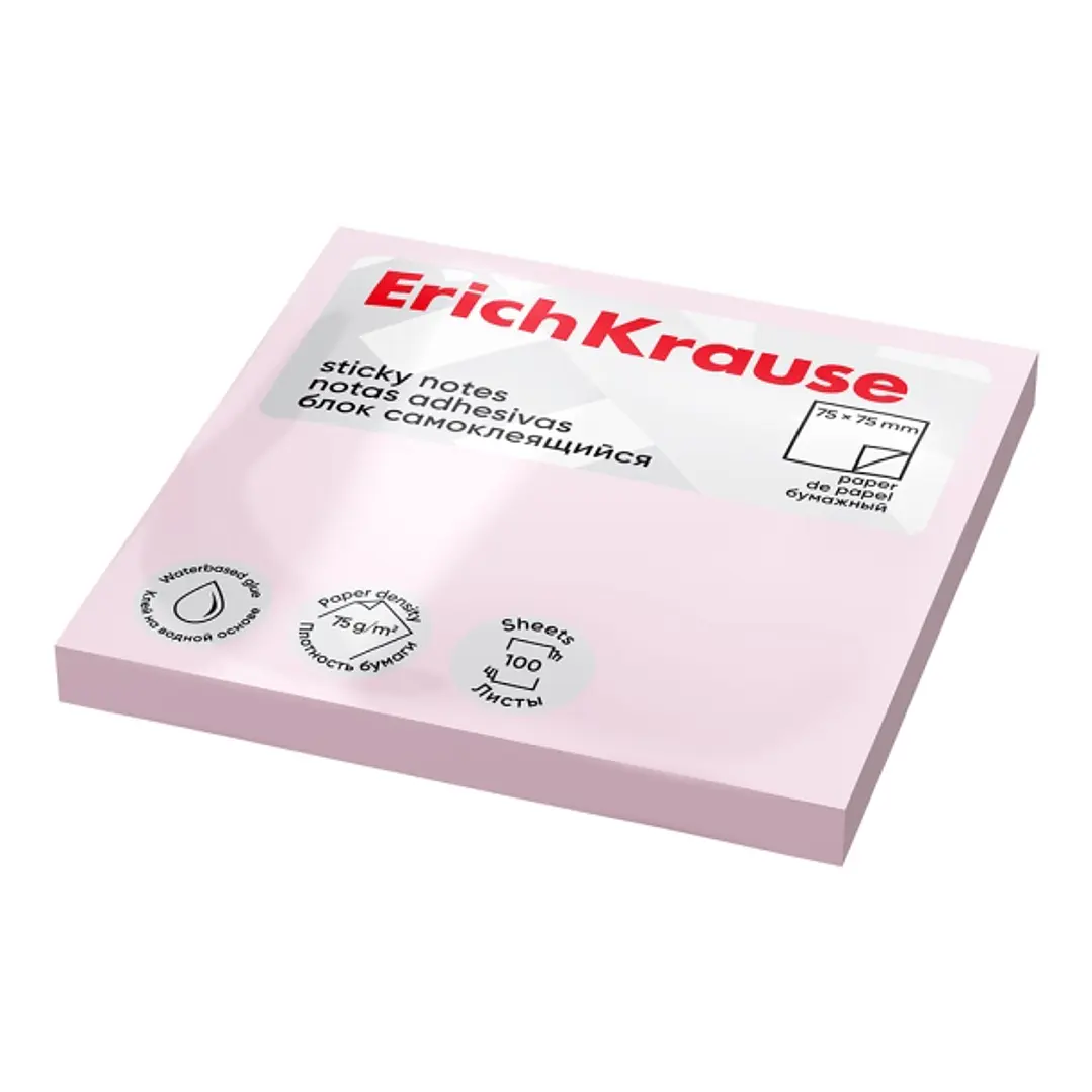 ErichKrause Bloc de 100 Notas Adhesivas Reposicionables - Papel de 75g/m2 - 75x75mm - Pegamento a Base de Agua - Color Rosa 1