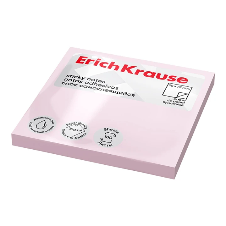 ErichKrause Bloc de 100 Notas Adhesivas Reposicionables - Papel de 75g/m2 - 75x75mm - Pegamento a Base de Agua - Color Rosa 1