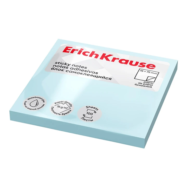 ErichKrause Bloc de 100 Notas Adhesivas Reposicionables - Papel de 75g/m2 - 75x75mm - Pegamento a Base de Agua - Color Azul 1