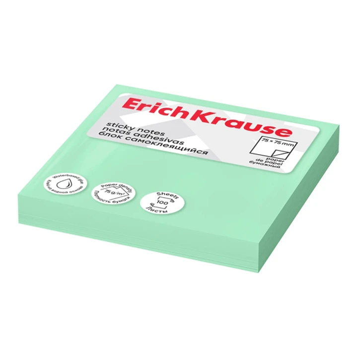 ErichKrause Bloc de 100 Notas Adhesivas Reposicionables - Papel de 75g/m2 - 75x75mm - Pegamento a Base de Agua - Color Verde 1