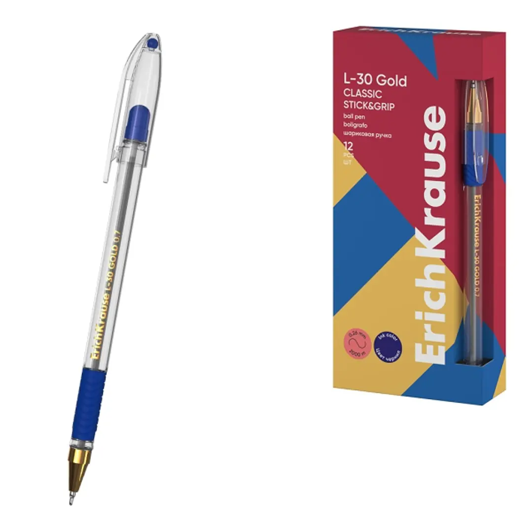 ErichKrause L-30 Gold Stick and Grip Classic Boligrafo con Capuchon - Punta de Aguja 0.7mm - Cuerpo Transparente - Trazo 0.26mm - Zona de Agarre de Go 1