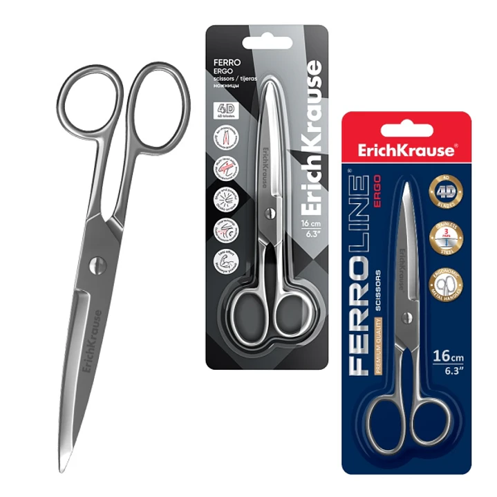 ErichKrause Ferro Tijeras de 16cm - Cuchillas en Forma de Arco Engrosadas - Fabricadas Completamente en Acero - Ergonomicas - Color Plata 1