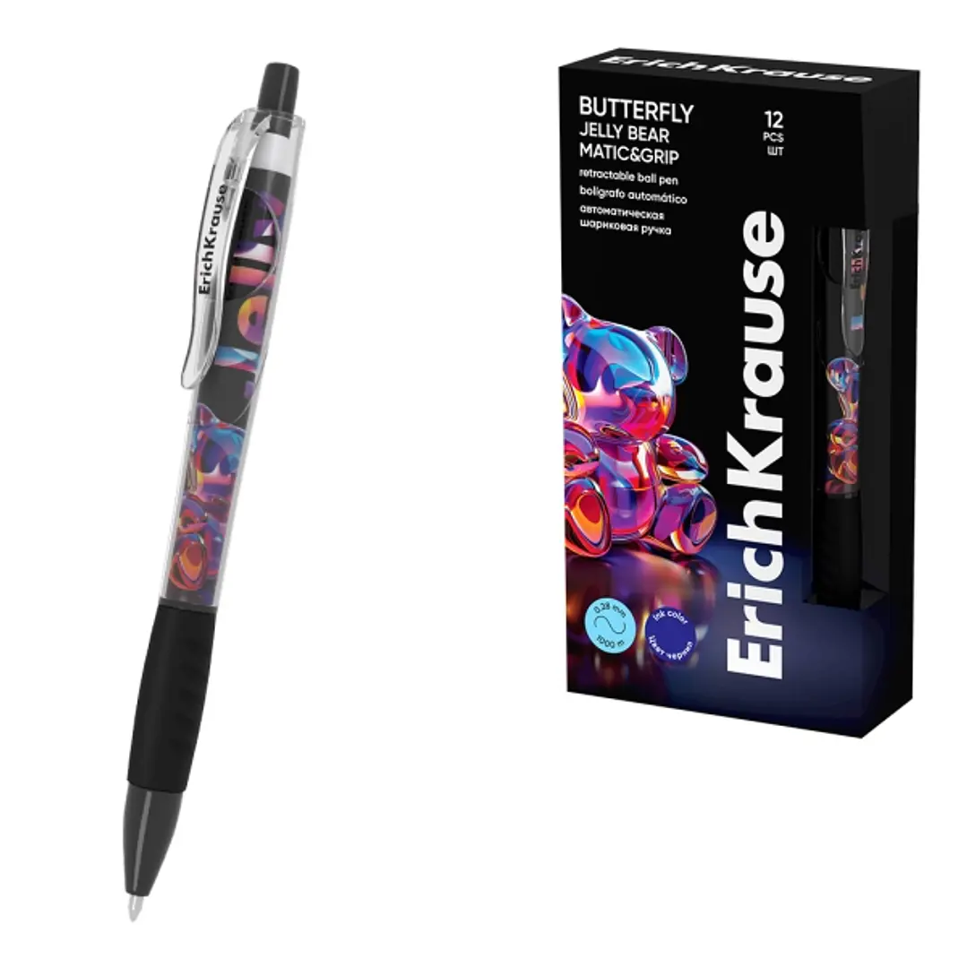 ErichKrause Butterfly Matic and Grip Jelly Bear Boligrafo Retractil - Punta de 0.7mm - Trazo 0.28mm - Zona de Agarre de Goma - Color Azul 1