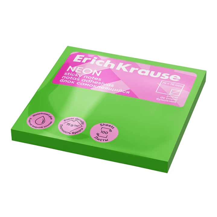 ErichKrause Neon Bloc de 100 Notas Adhesivas Reposicionables - Papel de 75g/m2 - 75x75mm - Pegamento a Base de Agua - Color Verde 1