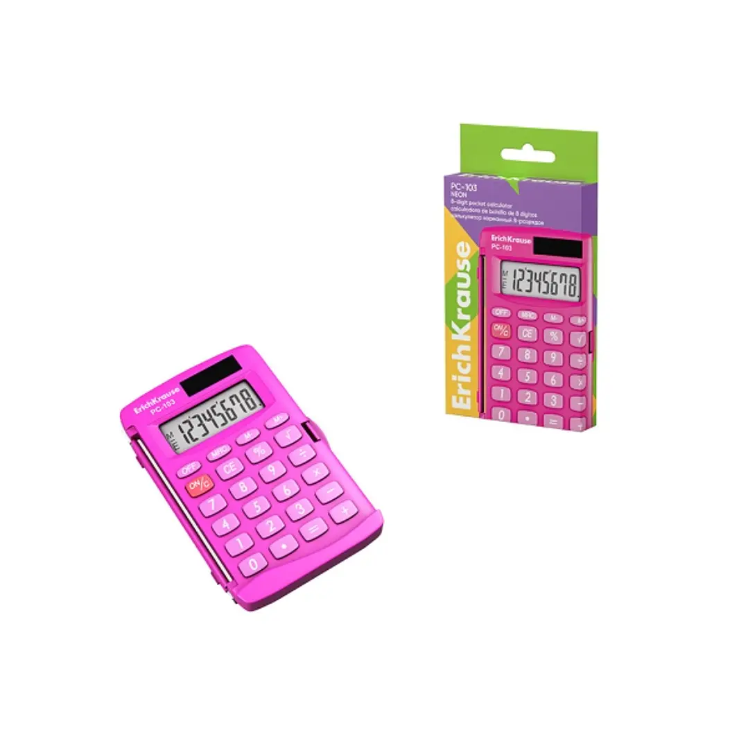 ErichKrause PC-103 Neon Calculadora de Bolsillo - Pantalla LCD de 8 Digitos - Presentado en Caja - Alimentacion Solar - Color Rosa Neon 1