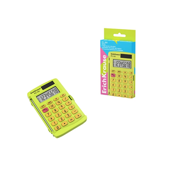 ErichKrause PC-103 Neon Calculadora de Bolsillo - Pantalla LCD de 8 Digitos - Presentado en Caja - Alimentacion Solar - Color Amarillo Neon 1
