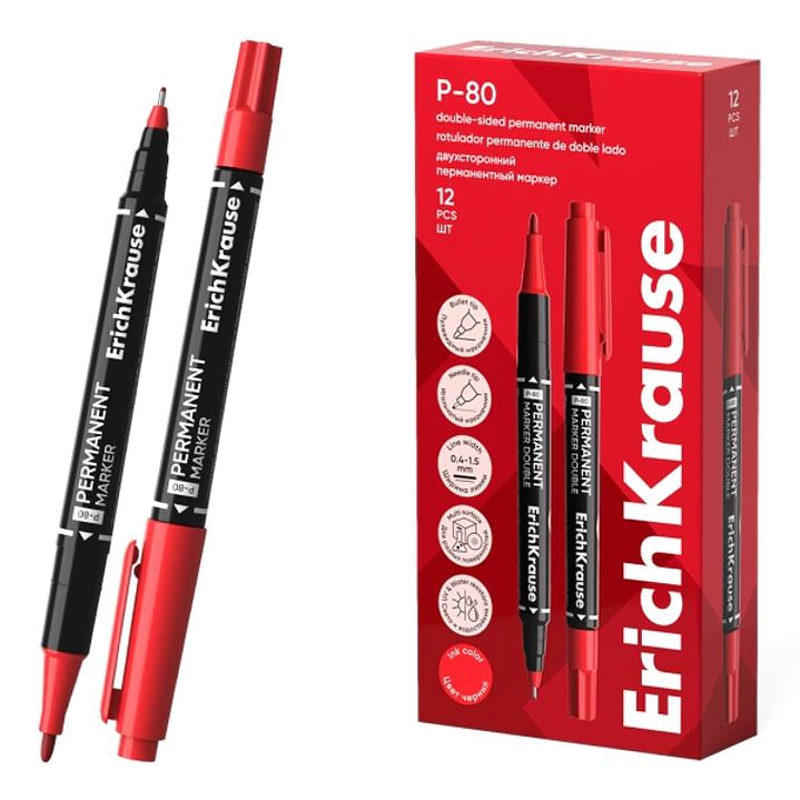 ErichKrause Double P-80 Rotulador Permanente Doble - Punta de Bala de 1.65mm - Punta de Aguja de 0.45mm - Resistente al Agua y a la Luz - Multisuperfi 1