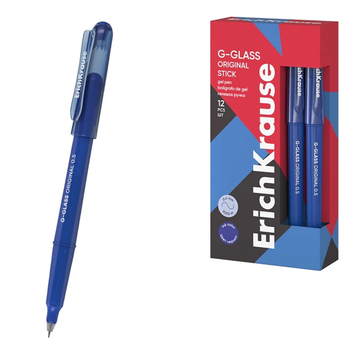 ErichKrause G-Glass Stick Original Boligrafo con Capuchon - Punta de 0.5mm - Trazo 0.4mm - Tinta de Gel - Resistente al Agua - Secado Rapido - Tapa Ve 1