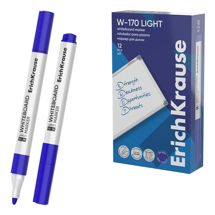 ErichKrause W-170 light Rotulador para Pizarra Blanca - Facil de Borrar - Punta Conica - Trazo de 2.5mm - Secado Rapido - Cuerpo Triangular - Color Az 1