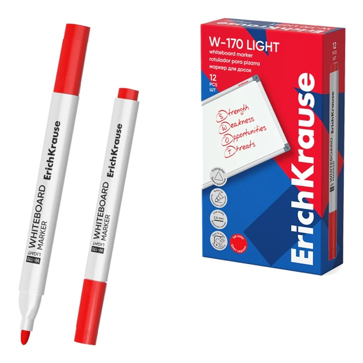 ErichKrause W-170 Light Rotulador para Pizarra Blanca - Facil de Borrar - Punta Conica - Trazo de 2.5mm - Secado Rapido - Cuerpo Triangular - Color Ro 1