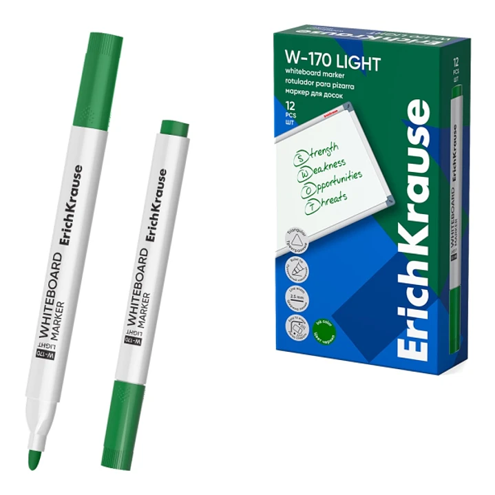 ErichKrause W-170 Light Rotulador para Pizarra Blanca - Facil de Borrar - Punta Conica - Trazo de 2.5mm - Secado Rapido - Cuerpo Triangular - Color Ve 1