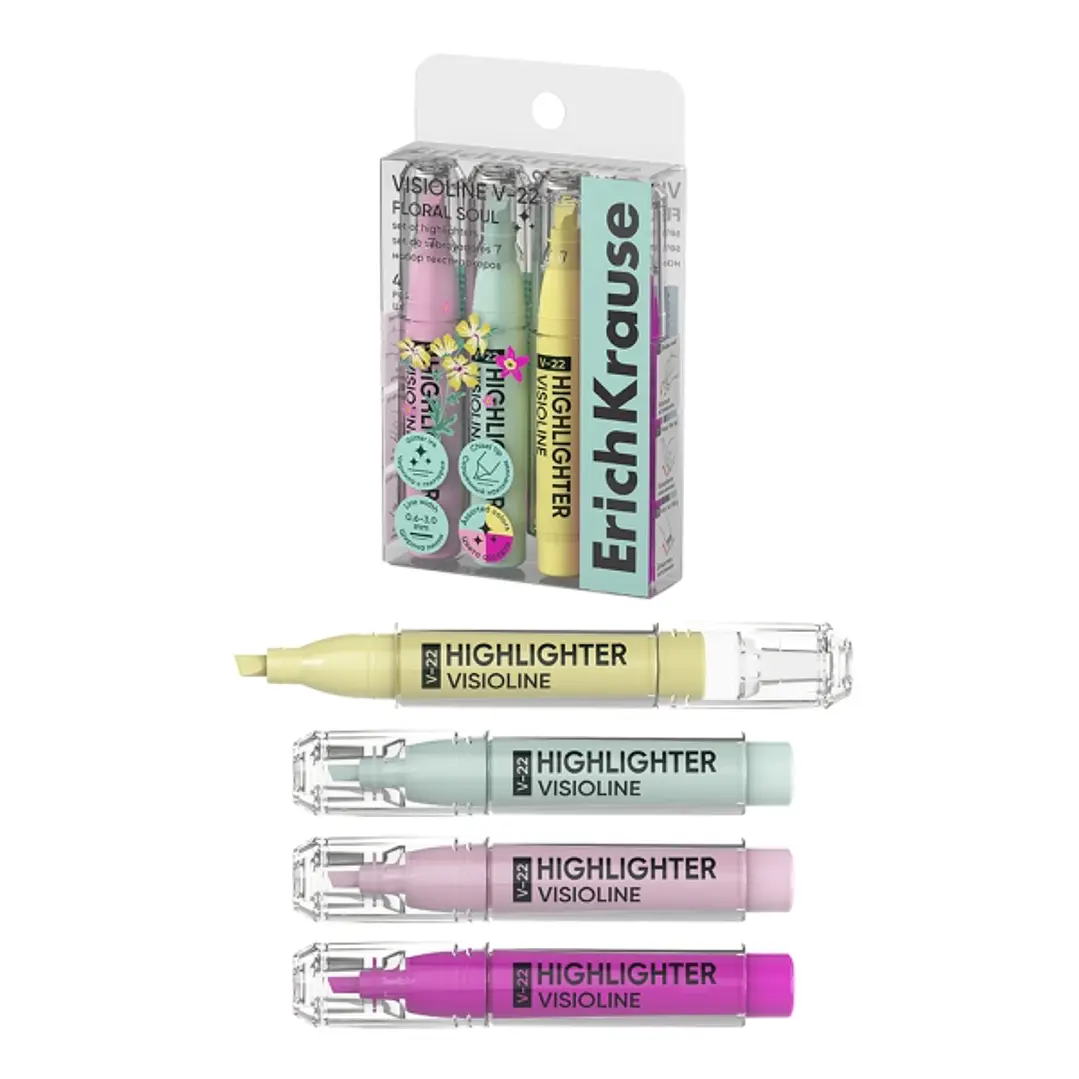 ErichKrause Visioline V-22 Floral Soul Pack de 4 Marcadores Fluorescentes - Punta Biselada - Trazo de 0.6 a 3.0mm - Colores Surtidos 1