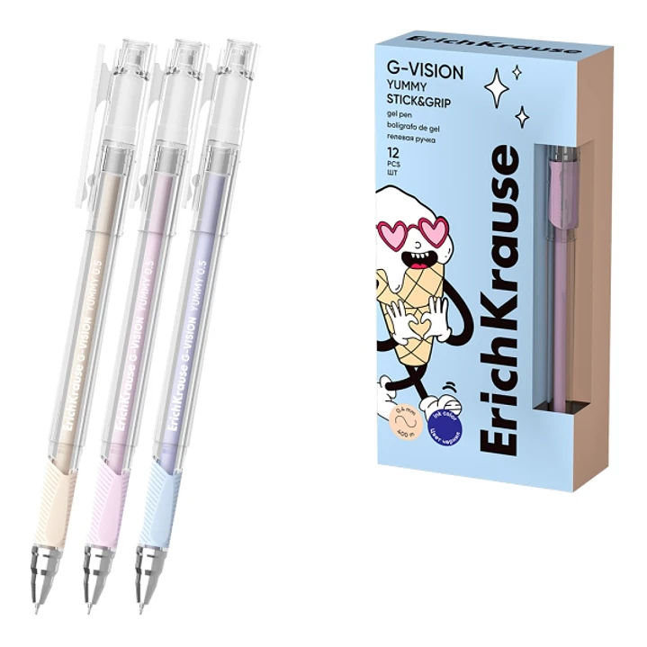ErichKrause G-Vision Stick and Grip Yummy Boligrafo con Capuchon - Modelos Surtidos - Trazo 0.4mm - Tinta de Gel - Resistente al Agua - Agarre de Goma 1