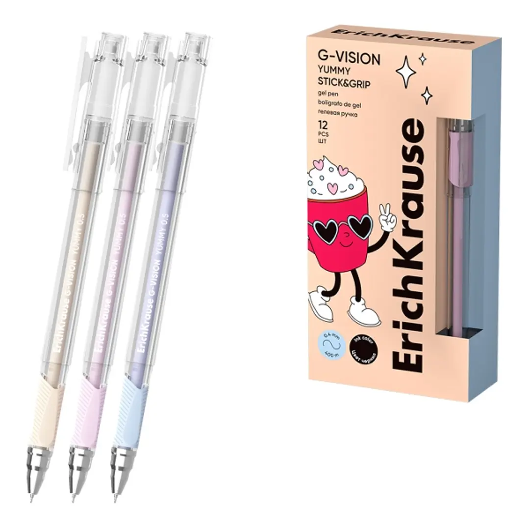 ErichKrause G-Vision Stick and Grip Yummy Boligrafo con Capuchon - Modelos Surtidos - Trazo 0.4mm - Tinta de Gel - Resistente al Agua - Agarre de Goma 1