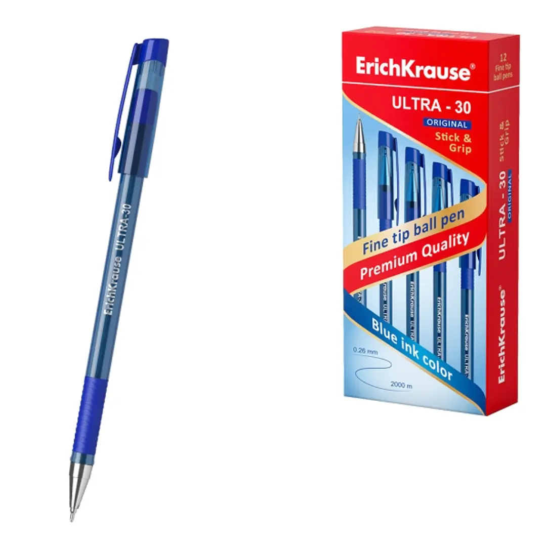 ErichKrause ULTRA-30 Stick and Grip Original Boligrafo con Capuchon - Punta de Aguja 0.7mm - Cuerpo Transparente - Trazo 0.26mm - Zona de Agarre de Go 1