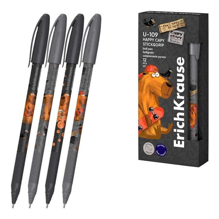 ErichKrause U-109 Stick and Grip Happy Capy Boligrafo con Capuchon - Modelos Surtidos - Trazo 0.3mm - Zona de Agarre de Goma - Tinta de Baja Viscosida 1