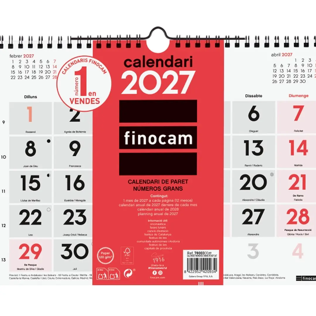 Finocam Neutro Calendario de Pared en Catalan - Anual 2027 - Mes Vista - Formato M - 300x210mm - Espiral Doble - Papel de 120g/m2 - Numeros Grandes -  1