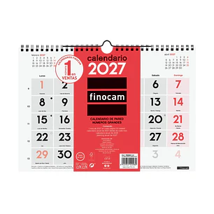 Finocam Neutro Calendario de Pared - Anual 2027 - Mes Vista - Formato M - 300x210mm - Espiral Doble - Papel de 120g/m2 - Numeros Grandes - Color Rojo 