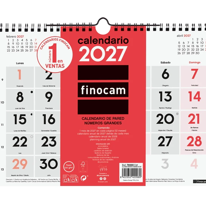 Finocam Neutro Calendario de Pared - Anual 2027 - Mes Vista - Formato M - 300x210mm - Espiral Doble - Papel de 120g/m2 - Numeros Grandes - Color Rojo  1
