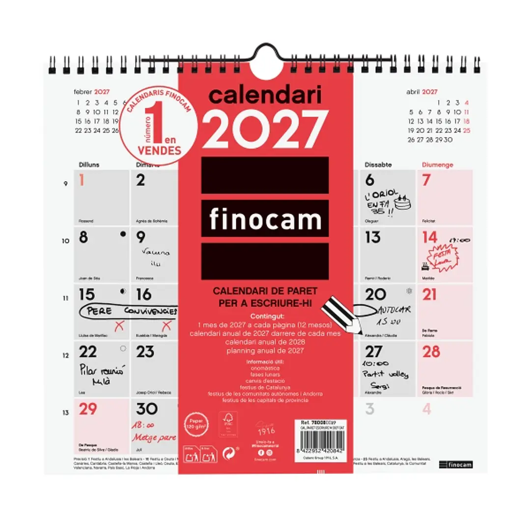 Finocam Neutro Calendario de Pared en Catalan - Anual 2027 - Mes Vista - Formato M - 265x245mm - Espiral Doble - Papel de 120g/m2 - Espacio para Escri 1