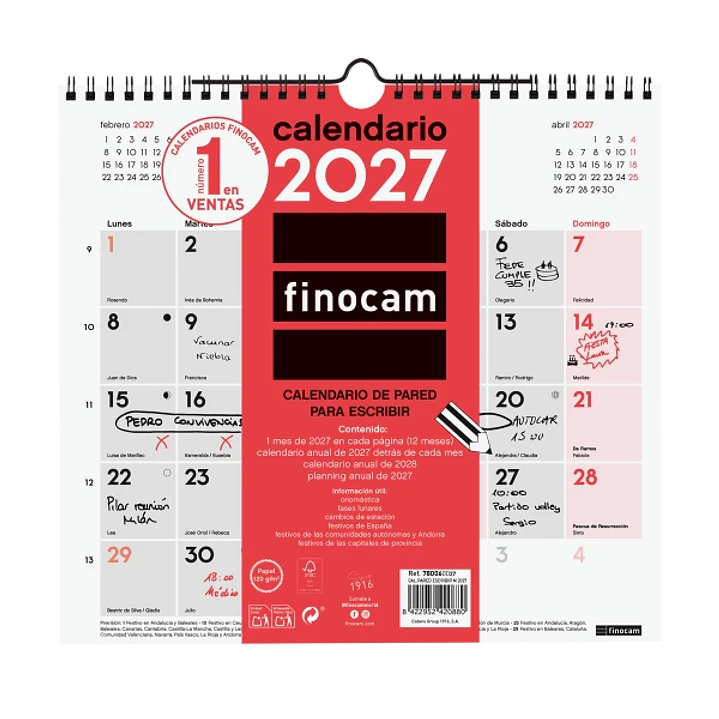 Finocam Neutro Calendario de Pared - Anual 2027 - Mes Vista - Formato M - 265x245mm - Espiral Doble - Papel de 120g/m2 - Espacio para Escribir - Color 1