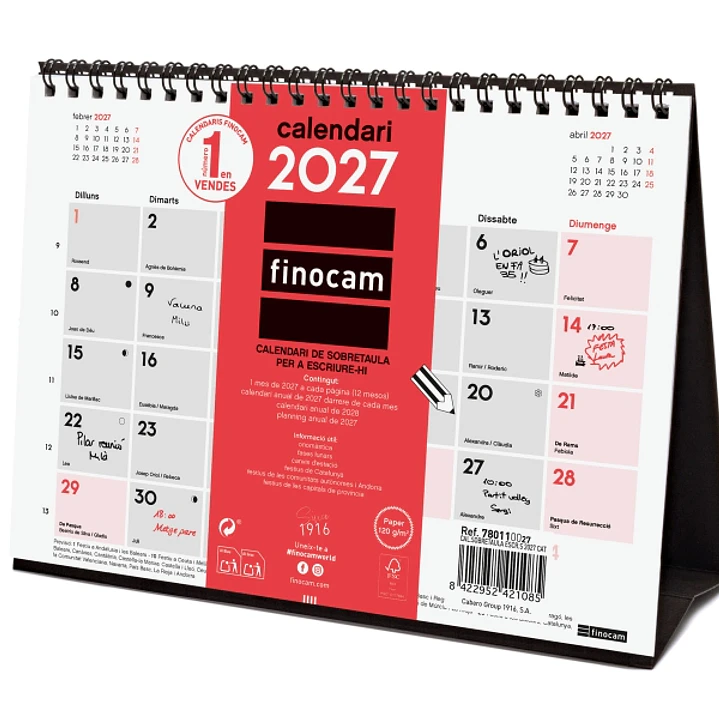 Finocam Neutro Calendario de Sobremesa en Catalan - Anual 2027 - Mes Vista - Formato S - 210x150mm - Espiral Doble - Papel de 120g/m2 - Espacio para E 1