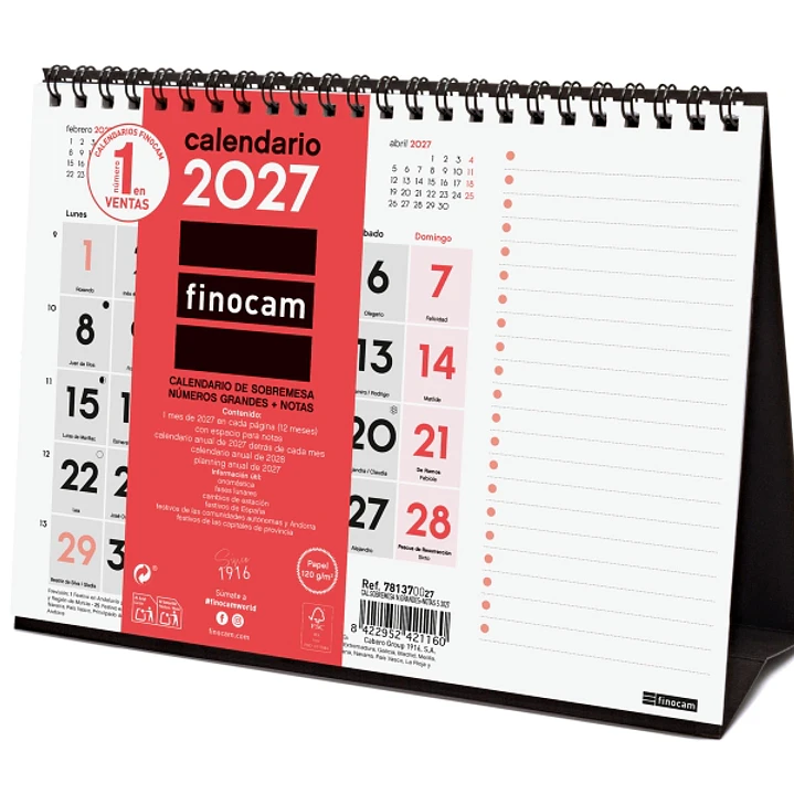 Finocam Neutro Calendario de Sobremesa - Anual 2027 - Mes Vista - Formato S - 210x150mm - Espiral Doble - Papel de 120g/m2 - Numeros Grandes - Color R 1