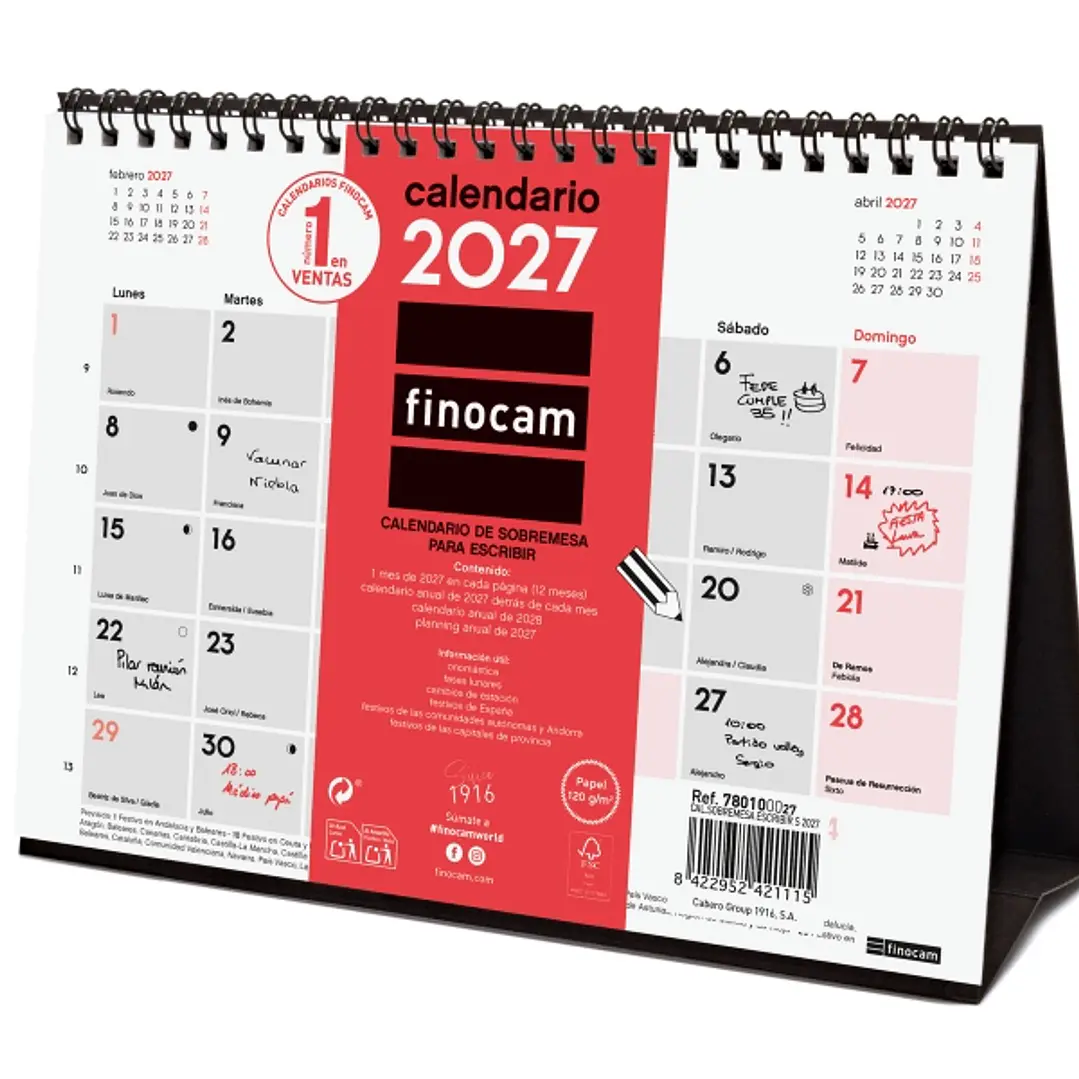Finocam Neutro Calendario de Sobremesa - Anual 2027 - Mes Vista - Formato S - 210x150mm - Espiral Doble - Papel de 120g/m2 - Espacio para Escribir - C 1
